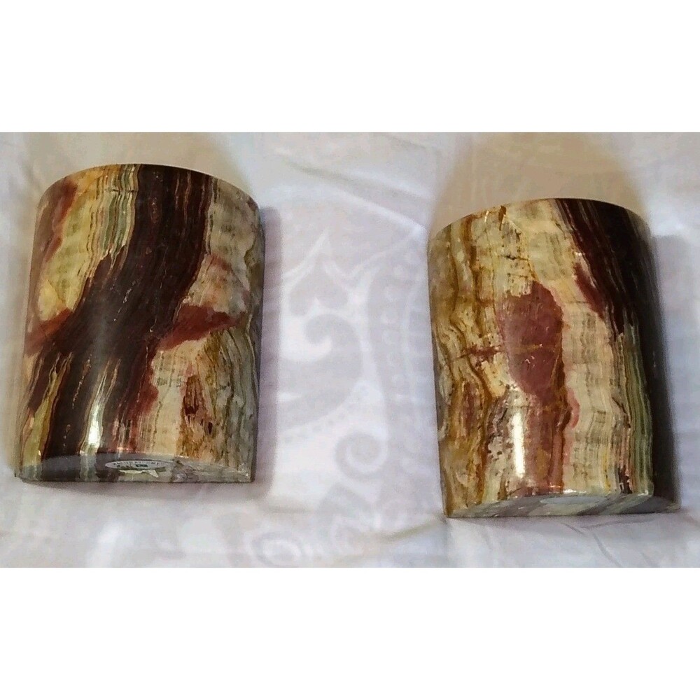 Vintage Brown Cream Red Onyx Polished Marble Rounded Geometric Bookends Heavy